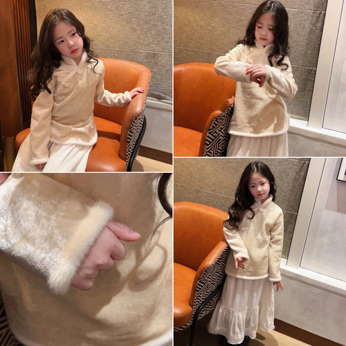 美妞之城女童新年款 潮定 刺绣夹棉国风马甲中式加绒打底衫 裙子 - 图1