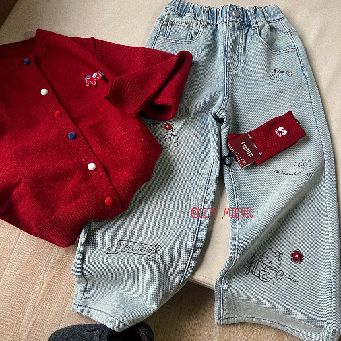 美妞之城女童加厚一体绒直筒牛仔裤中大童裤子 立体绣花 新年款,淘宝优惠券,粉丝福利购,淘宝优惠卷