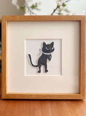 刺绣小黑猫装饰画调皮可爱挂画精致高档动物摆台手工柚木实木摆件