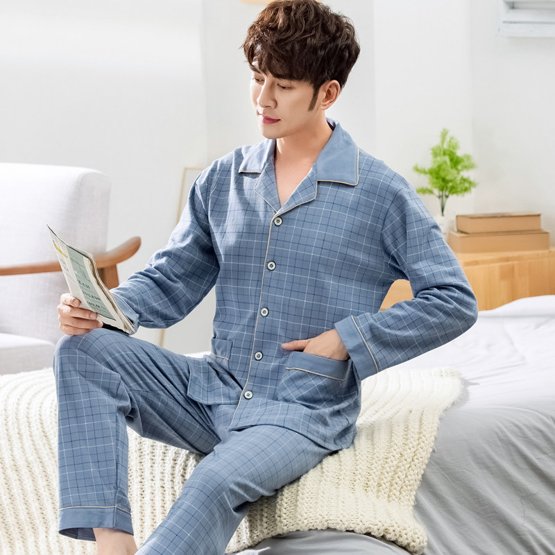 男士纯棉长袖天中年秋冬季加肥睡衣 美竹唯伊睡衣/家居服套装