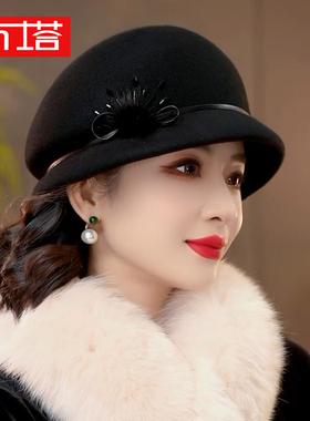 布塔秋冬季纯羊毛贝雷帽女圆顶妈妈盔型帽时尚洋气中老年定型帽子