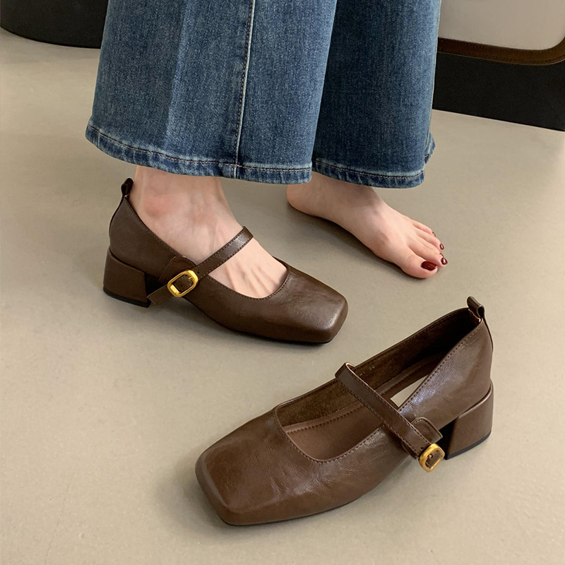 复古方头浅口粗跟单鞋女春秋新款法式晚风仙女软皮玛丽珍小皮鞋子,淘宝优惠券,粉丝福利购,淘宝优惠卷