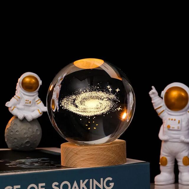 Birthday gift for girls, crystal ball with carved luminous night light, creative desktop decoration, wooden base