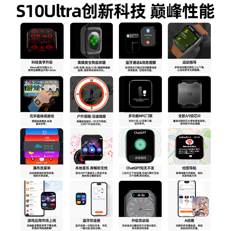 华强北watch手表s10新款顶配版Ultra3智能电话手表s10ultra运动手环黑科技官方旗舰店正品心率血氧糖睡眠监测 - 图3