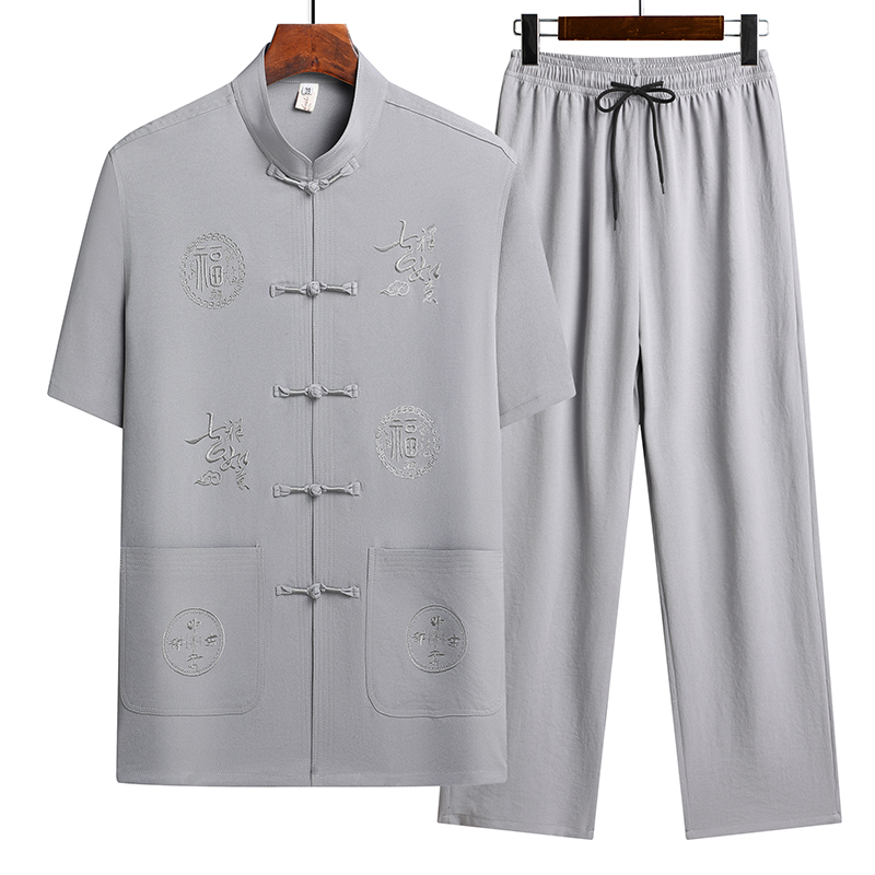 夏季棉麻唐装那短袖套装亚麻中国风男装中老年薄款中式汉服居士服