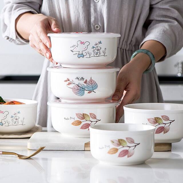 Office workers' fresh-keeping bowl rice box, microwave oven special bento box with lid, refrigerator sealed bowl, ceramic large instant noodles bowl