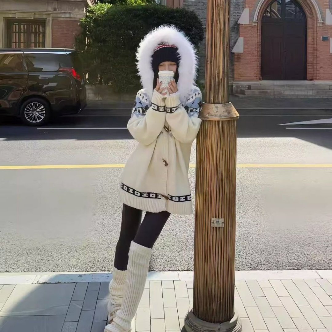 费尔岛大毛领连帽毛衣女秋冬季高级感宽松大码内搭针织开衫上衣,淘宝优惠券,粉丝福利购,淘宝优惠卷