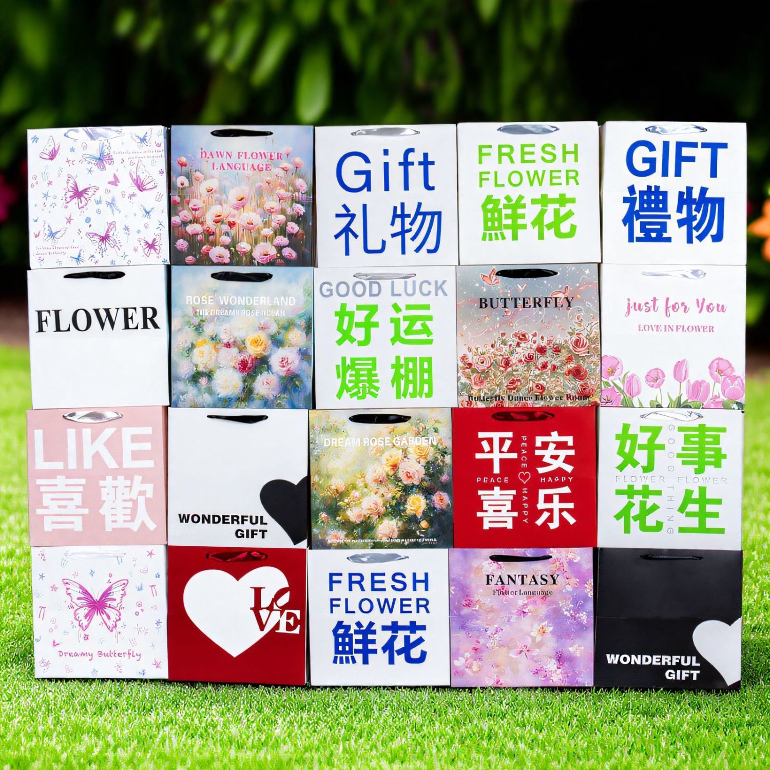 油画鲜花手提袋花束正方形方形礼物花店包装网红礼品袋梯形红色 - 图1