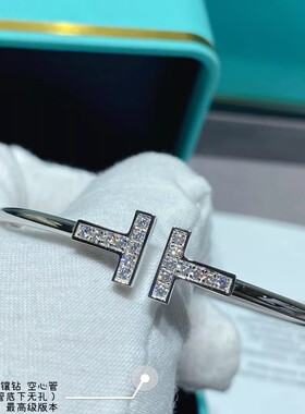 高质量双T开口手镯V金厚镀18k女t形手环玫瑰金满钻白贝母送礼轻奢