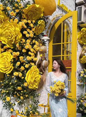 黄玫瑰花墙仿真花藤管道餐厅高端造景装饰花艺墙面摆放落地花卉