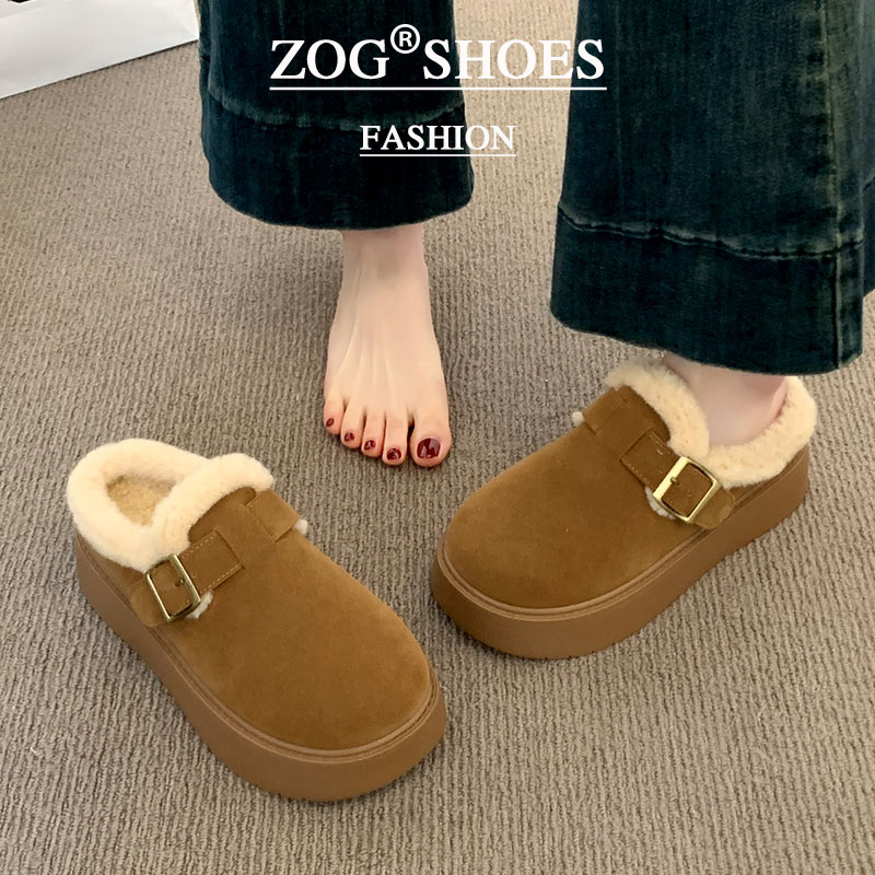 毛毛拖鞋女2025新款秋冬加绒包头棉拖鞋厚底勃肯半拖雪地靴女毛绒 - 图1