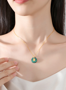 福瑞祥云平安扣项链女S925纯银天然孔雀石福字吊坠锁骨链生日礼物