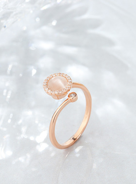 s925纯银圆形可旋转戒指女个性小众猫眼石网红指环推荐直播