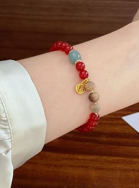 原创红玛瑙手串翡翠福牌本命年超显白木珠手饰女款手链