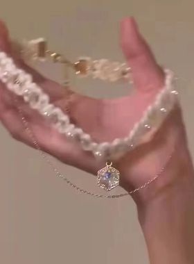 酒红毛绒雪花多层叠戴项链女新款网红气质时尚链颈链choker锁骨链