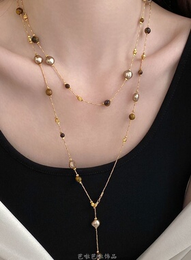 美虎眼石珍珠项链女秋冬季2026爆款轻奢高级感长款毛衣链法式棕色