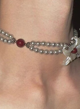 小众设计鸢尾花朵银色仿珍珠项链男女同款choker锁骨链颈链配饰品