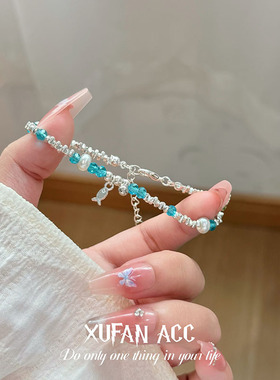 新款蓝色串珠碎银小鱼手链小众设计感简约个性气质百搭