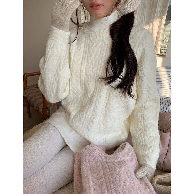 2025年新款慵懒风高级感韩系大码内搭打底衫白色麻花毛衣女秋冬季,淘宝优惠券,粉丝福利购,淘宝优惠卷
