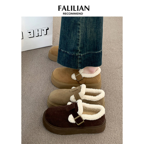 厚底加绒豆豆勃肯鞋女2025新款秋冬季乐福鞋博肯棉鞋子保暖雪地靴 - 图3