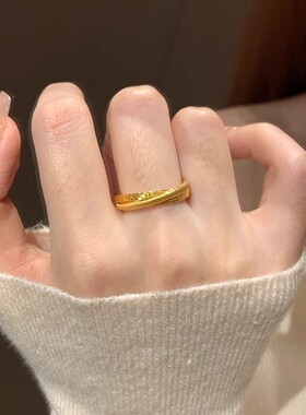 新中式双环交叉拉丝戒指高级感轻奢百搭极简风通勤戒指开口可调节