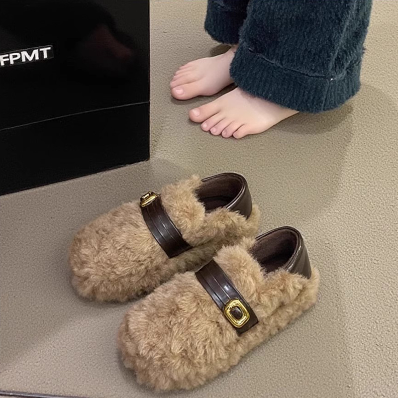 羊羔绒毛毛鞋女2025新款冬季厚底加绒保暖孕妇豆豆棉鞋单鞋防滑 - 图3