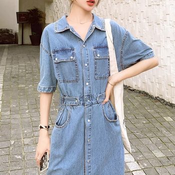 ການອອກແບບ temperament ຫຼຸດຜ່ອນອາຍຸ retro denim dress ສໍາລັບແມ່ຍິງ summer plus size fat mm chic waist slimming shirt dress