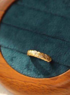 新中式复古金色拉丝镶嵌锆石锁扣戒指女时尚轻奢优雅麦穗开口指环