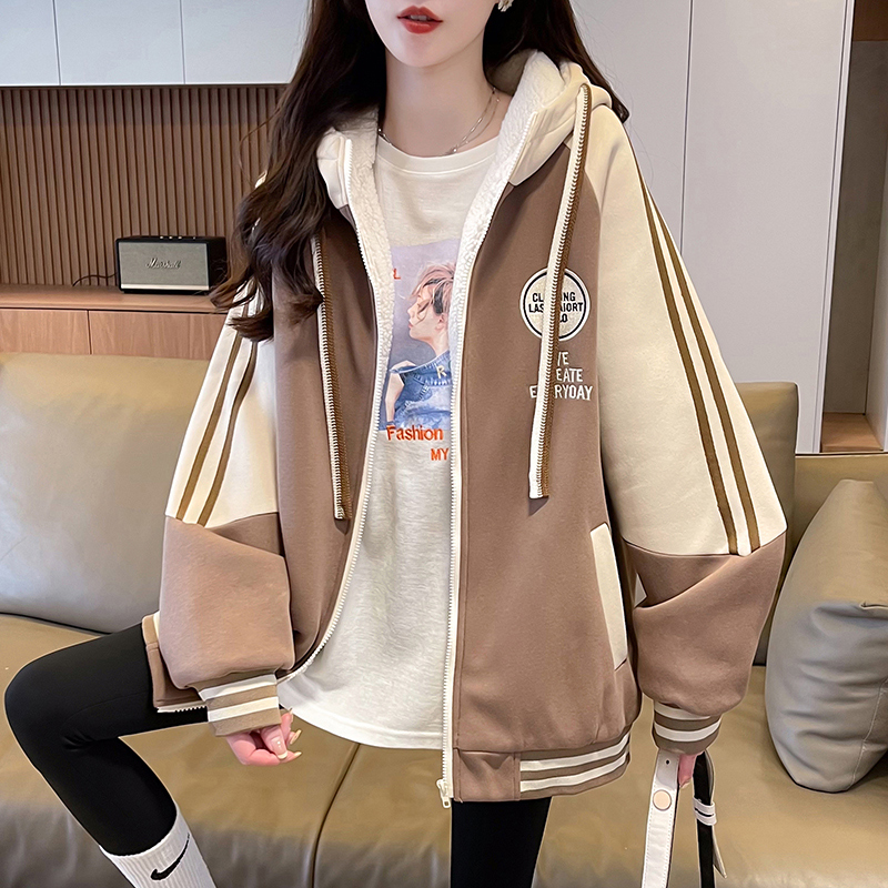 加绒加厚棒球服女冬季棉服中学生大码连帽卫衣外套潮黑色厚款时尚 - 图2