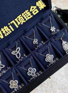 loop花型四叶草项链女925纯银莫桑钻幸福之门锁骨链满钻耳钉耳环