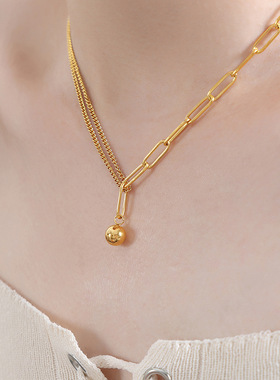 双层拼接链圆珠吊坠项链钛钢18k金西太后气质个性欧美不掉色饰品