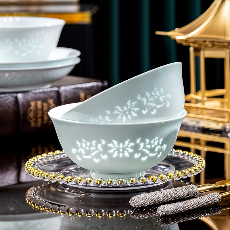 景德镇高温瓷器釉下彩玲珑餐具家用大号碗盘组合面碗饭碗盘微波炉,淘宝优惠券,粉丝福利购,淘宝优惠卷