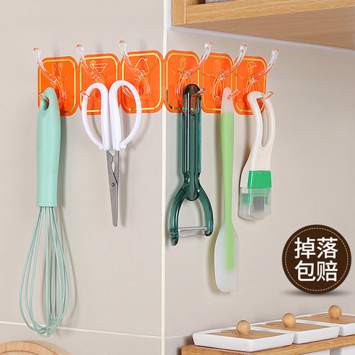 六连排挂钩免打孔衣帽钩门后强力粘钩无痕粘钩厨房浴室挂钩架承重 - 图0