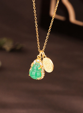 s925纯银绿玉髓葫芦项链女国潮新中式招财纳福牌子轻奢风小众设计