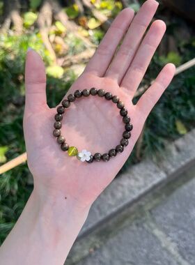 新中式檀木双圈手串白小花绿珠款