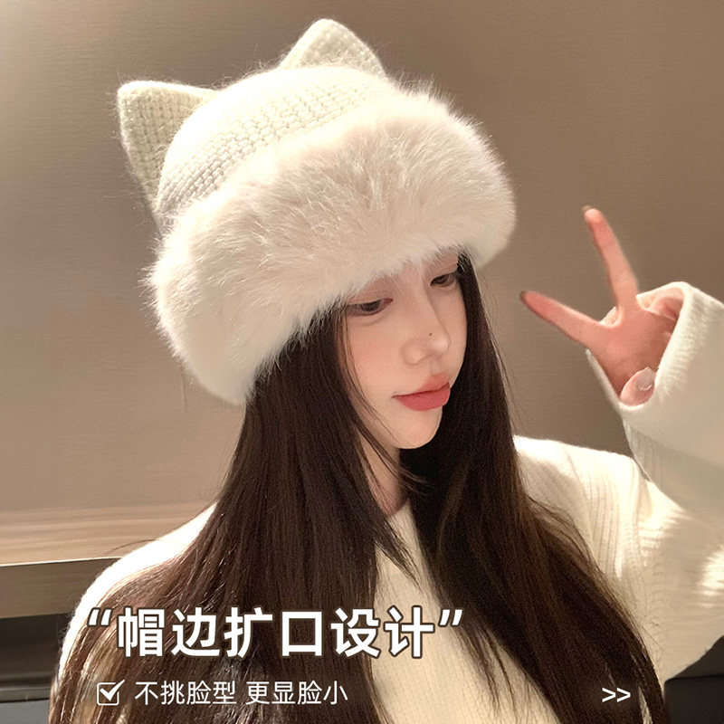 日系猫耳朵针织帽子女士冬季加厚保暖护耳白色毛绒可爱包头毛线帽,淘宝优惠券,粉丝福利购,淘宝优惠卷