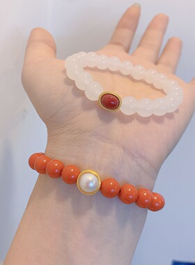 圆珠玉石手串金色包边珍珠配件叠加手链时尚双层闺蜜同款女