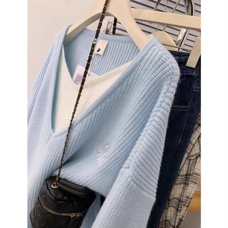 早秋奶蓝色v领中长款假两件毛衣女秋冬大码内搭2025新款针织衫,淘宝优惠券,粉丝福利购,淘宝优惠卷