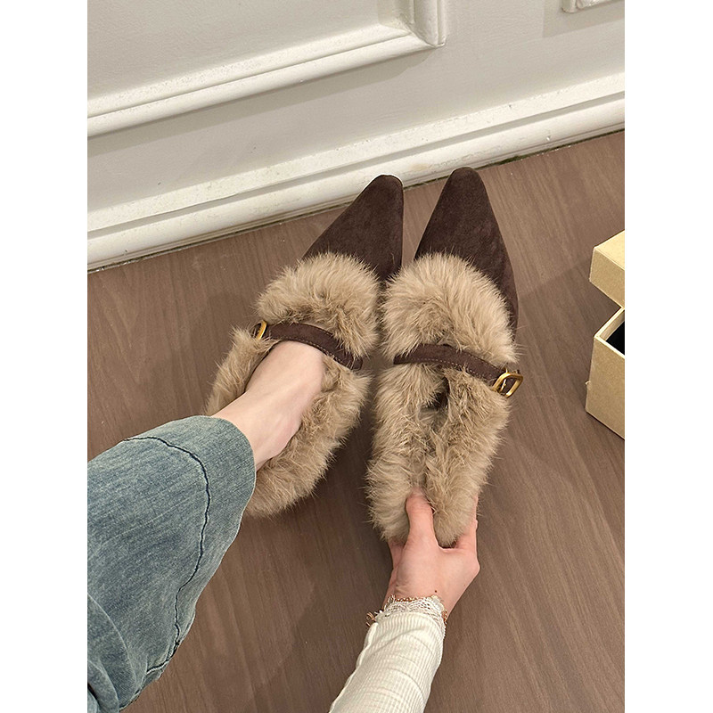 titing老钱系欧尼！复古绒面毛毛边坡跟单鞋女冬韩版搭扣加绒单鞋,淘宝优惠券,粉丝福利购,淘宝优惠卷