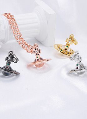 星球骑士土星项链立体土星锁骨链镶钻立体中号透明珠无刻字项链