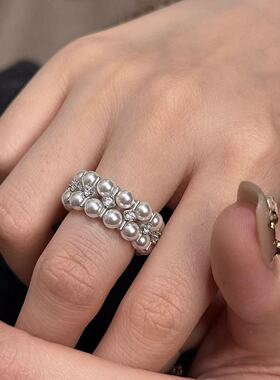 重工双排编织轻奢闪钻珍珠小众高级百搭戒指女氛围感指环戒指时尚