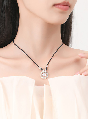 蒂奇实拍小众高级999纯银平安扣铜钱项链新中式手工编织黑绳吊坠