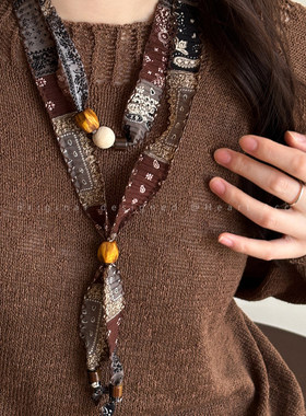 红咖腰果花圆环项链女2026秋季新款波西米亚风毛衣链配饰丝巾串珠