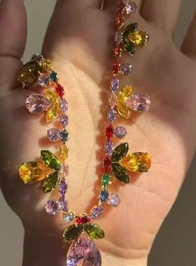 【繁花似锦】春日花朵浮夸彩色项链超重工中古设计超闪锁骨链宴会