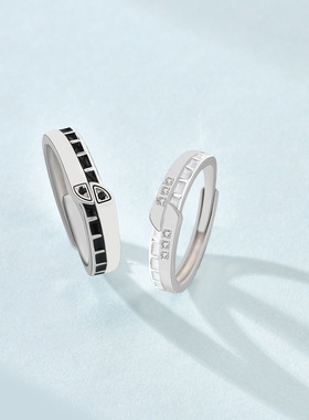 丽铭原创s925银饰异地恋情侣戒指一对日系高级感黑白个性活口对戒