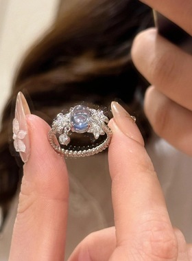 925法式轻奢高级感蓝尖晶铃兰花戒指流苏复古精致小众设计食指戒