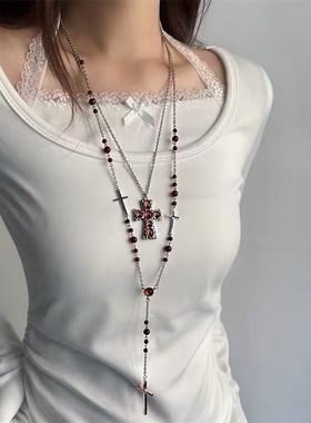 欧美时尚哥特辣妹y2k长款红色串珠十字架叠戴项链毛衣链个性配饰