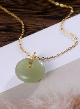 S925纯银和田玉项链女民族风ins小众设计感平安扣吊坠锁骨链配饰