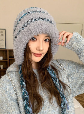 毛绒绒显脸小秋冬大头围保暖防寒雷锋帽子可爱毛线针织套头帽白色