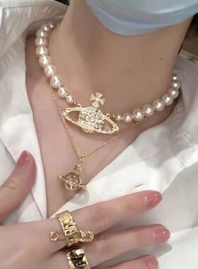 新款西太后薇薇单层珍珠满钻大土星项链女爆款高级感颈链项饰代发